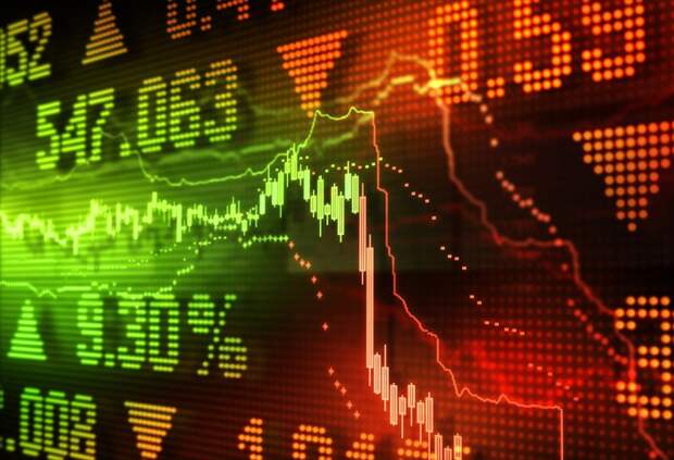 A green stock chart plunging deeply into the red, with quotes, arrows, and percentages in the background.