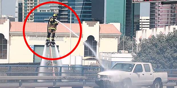 Картинки по запросу Dubai firefighters launch water jetpack