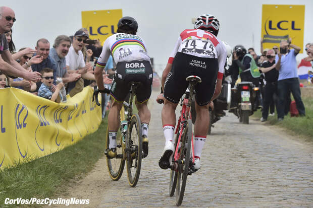 Roubaix - France - wielrennen - cycling - cyclisme - radsport - Peter SAGAN (Slowakia / Team Bora - hansgrohe) - Silvan DILLIER (Swiss / Team AG2R La Mondiale) pictured during the 116th UCI World Tour Paris - Roubaix cycling race with start in Compiegne and finish at the Velodrome Andre-Petrieux in Roubaix on April 08, 2018 in Roubaix, France, 8/04/18 - photo NV/PN/Cor Vos © 2018