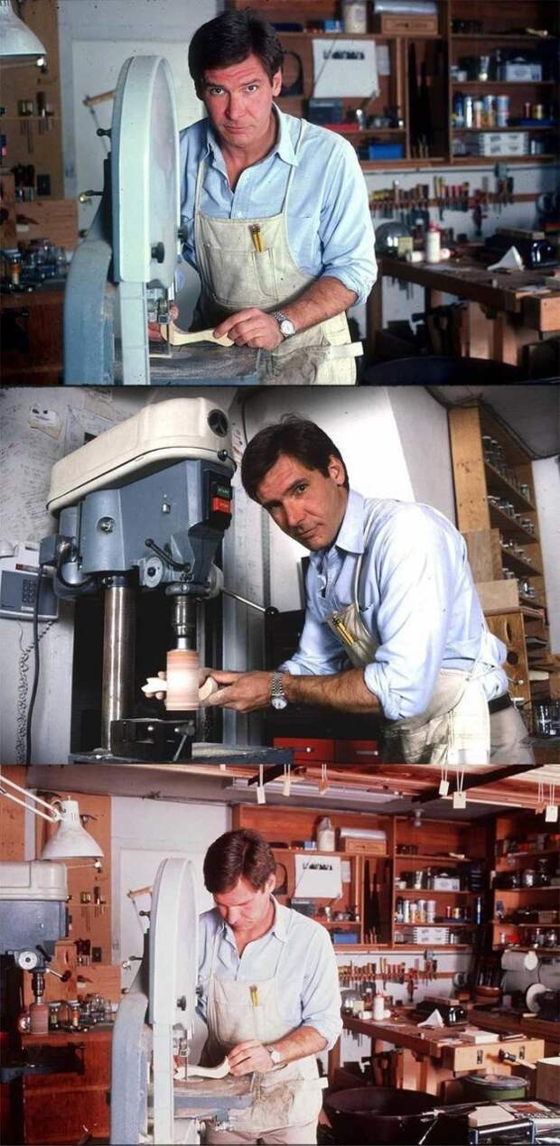 Харрисон Форд демонстрирует навыки деревообработки в своём доме в Бель-Эйр, 1984 год. знаменитости, редкие фото, фото