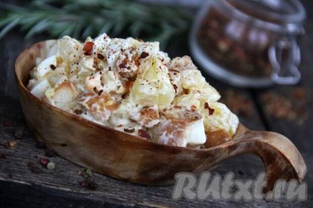 Картофельный салат с яйцами получается нежным, аппетитным и очень вкусным, а маринованный лук придаёт блюду пикантную нотку. В составе этого салатика нет мяса, но и без него он получается очень сытным. Такой салат прекрасно подойдет в качестве основного блюда или послужит дополнением к мясным блюдам.