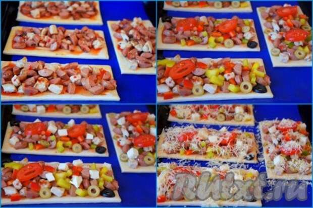 Выложить произвольным образом на тесто обжаренное мясо, сосиски с луком, сладкий перец, помидоры, плавленный сыр, нарезанные оливки, маслины. Посыпать тёртым сыром. 