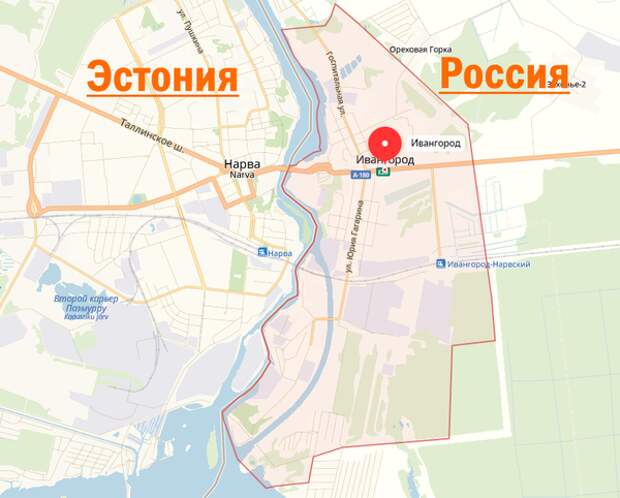 Ивангород и Нарва на картах Яндекс