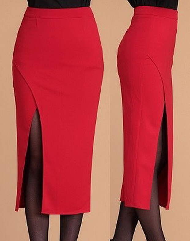 Красная юбка карандаш с разрезом спереди
