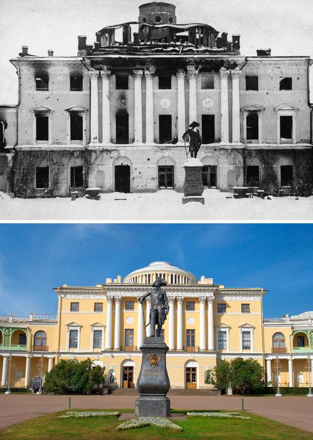 Павловский дворец в 1944 и сейчас