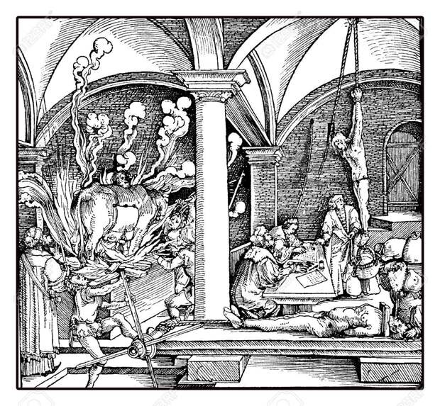 Ханс Бургкмайр «Бык Фалариса и другие орудия казней», нач. XVI в. <br>  <br>  <b>Поругание трупов</b>