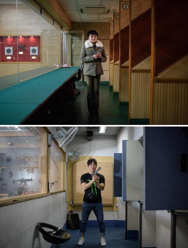 Вверху — инструктор по стрельбе позирует на стрельбище в Пхеньяне, где и работает. Внизу — инструктор по стрельбе в Сеуле кндр, люди, северная корея, сравнение, страны, южная корея