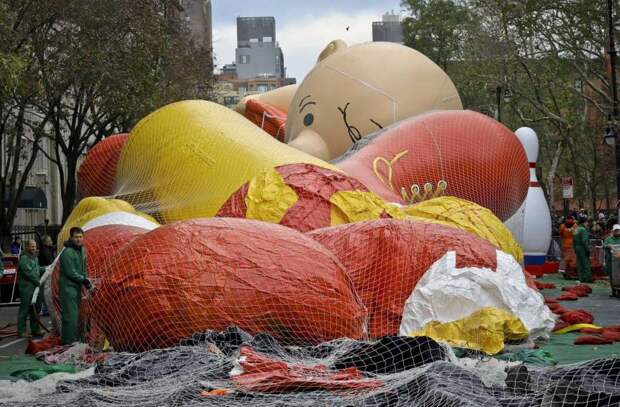 Giant character balloons, including Charlie Brown, are being inflated the night before their appearance in the 92nd Macy's Thanksgiving Day parade, Wednesday Nov. 21, 2018, in New York. Photo: Bebeto Matthews, AP / Copyright 2018 The Associated Press. All rights reserved.