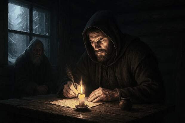 XII век. Северное изгнание Даниила Заточника. На краю леса стоит тёмная изба, за окном вьюга и глубокий снег. Внутри, при тусклом свете коптящей свечи, Даниил в грубой одежде сидит за деревянным столом, пишет на бересте, его лицо суровое и вдохновлённое.