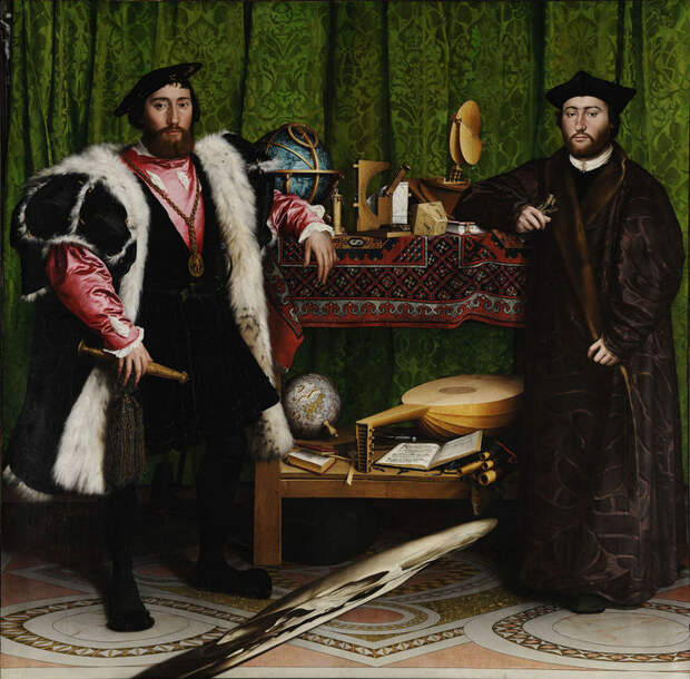 Оптическая иллюзия созданная художником в 1533 году Лига историков, Ганс Гольбейн Младший, Послы, картина, анаморфоза, 16 век, видео, длиннопост