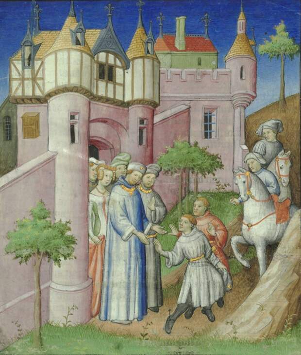 Отец и дядя Марко отправляются в путешествие по Азии. Миниатюра из рукописи Livre des merveilles du monde (ок. 1410-1412), fol. 1 деталь.