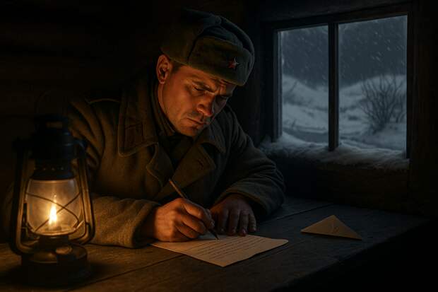 Январь 1942 года, Подмосковье. Белоснежные поля, редкие кусты, заметённые снегом. В небольшой землянке у керосиновой лампы сидит советский солдат в шинели, пишет письмо на фронтовом листке.