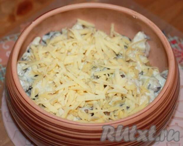 Разложить полученную массу по кокотницам или выложить в одну форму для запекания, посыпать тертым сыром. 