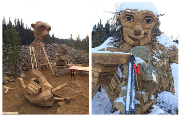 The Danish artist Thomas Dambo came to Breckenridge to build <em>Isak Heartstone</em> in August 2018 (left); In one of <em>Isak</em>'s last days, coated with snow, he poses with a pair of skis (right).