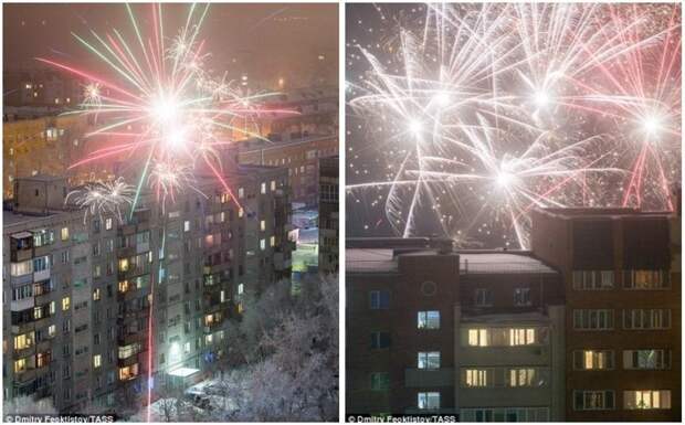 Омск, Россия. Спальный район города мира, новогодний, новый год, новый год 2018, празднование, фейерверк, фейерверки