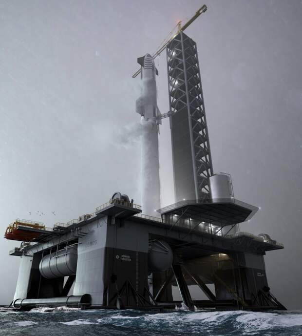 Заправка 120-метрового Starship в отдаленных частях мира будет непременным условием его использования как военного транспортника. Однако в ней нет ничего невозможного. Платформы типа Deomos (на рисунке) по сложности даже уступают обычным морским буровым / ©SpaceX