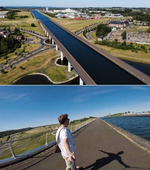 На водном мосту оборудованы пешеходные зоны, где можно прокатиться с ветерком (Le pont–canal du Sart, Бельгия).