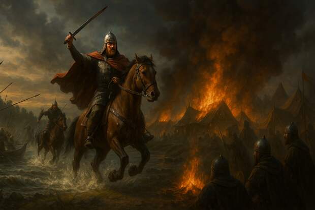 XII век. Битва русской дружины с булгарами на широкой реке. Вода кипит от столкновения ладей: щиты сталкиваются, стрелы летят, кони с русскими воинами врываются в броды, ударяя во фланг врагу. Князь Андрей Боголюбский на коне, подняв меч, ведёт атаку.