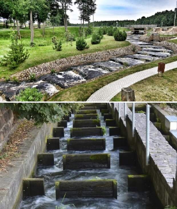 «Рыбные лестницы» предусматривают искусственные и естественные барьеры с интересными плотинами, шлюзами и водопадами.