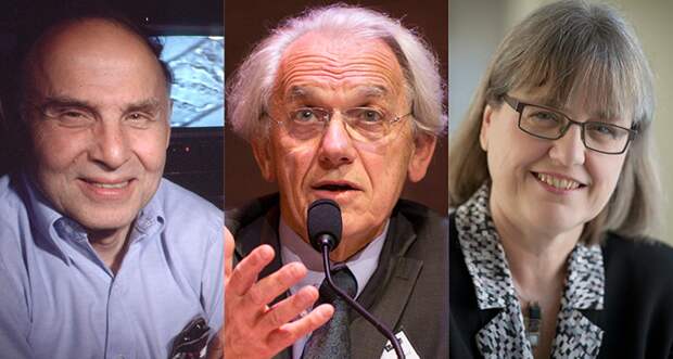 a composite photo showing Arthur Ashkin, Gérard Mourou, and Donna Strickland