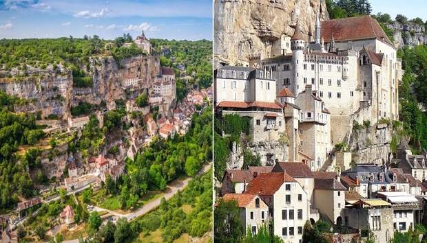 Средневековый город в прямом смысле слова «врос» в живописный склон скалы (Rocamadour, Франция).