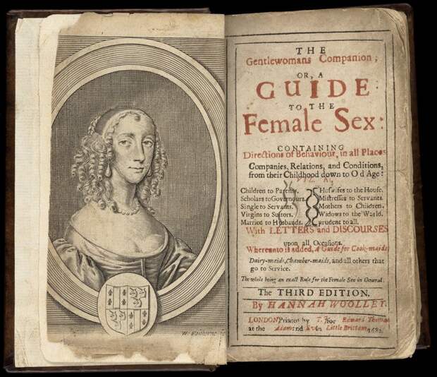 Hannah Woolley, depicted in the title page of <em>The Gentlewoman's Companion</em>.