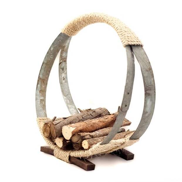 Barrel Hoop Firewood Rack made from reclaimed wine barrel hoops and staves.: 
