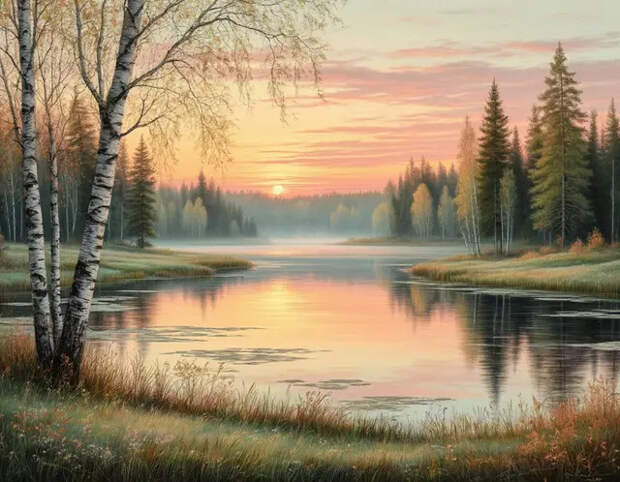 Весенний пейзаж на рассвете, лес, озеро, пастель
