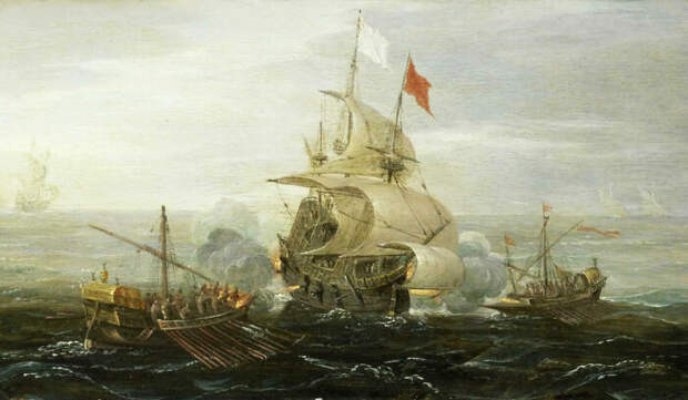 Французский корабль и берберские пираты, Арт Антонис, 1615 год. \ Фото: google.com.ua.