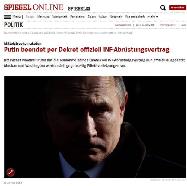 Скриншот статьи издания Spigel: http://www.spiegel.de/politik/ausland/wladimir-putin-beendet-per-dekret-offiziell-inf-vertrag-a-1256208.html