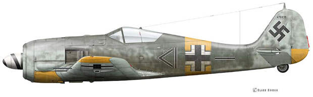 Fw 190A-6 W.Nr. 470 235, на котором летал Хуго Брох летом-осенью 1944 года. 14 декабря 1944 года во время боевого вылета в район Лиепаи из-за технической неисправности Хуго Брох был вынужден покинуть самолёт с парашютом и получил травмы, ударившись о хвостовое оперение. - Рекорды Эриха Рудорффера: от Туниса до Прибалтики | Военно-исторический портал Warspot.ru