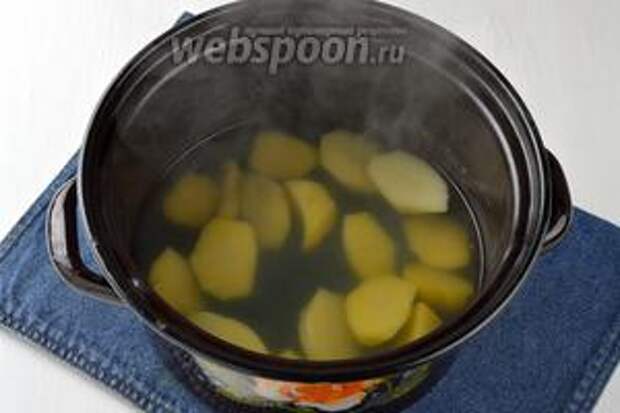 Картофель (4 штуки) очистить, порезать и выложить в кастрюлю с кипящей водой. Приправить солью и варить под крышкой до готовности картофеля.