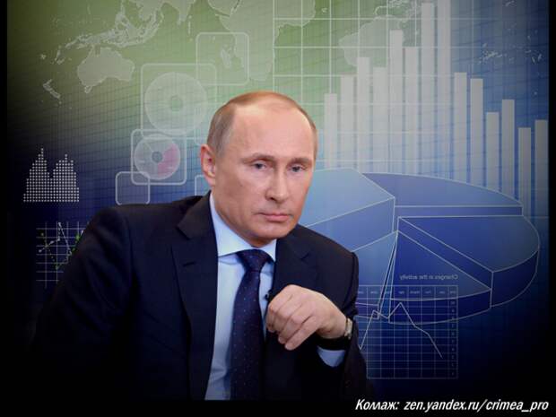 Коллаж: Президент РФ Путин на фоне графиков развития России