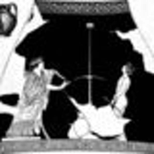 A woman playing kottabos, with a kylix.