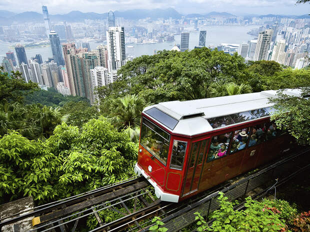 View of Peak Tram arriving at the top of the Victoria Peak. Victoria Peak, Hong Kong island, China