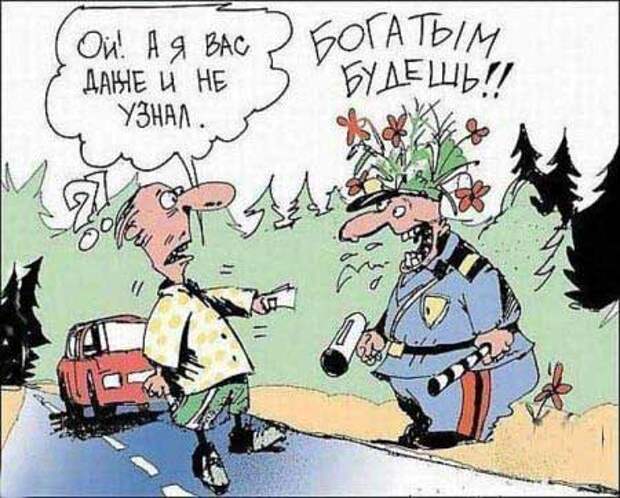 гаишник замаскировался в кустах карикатура