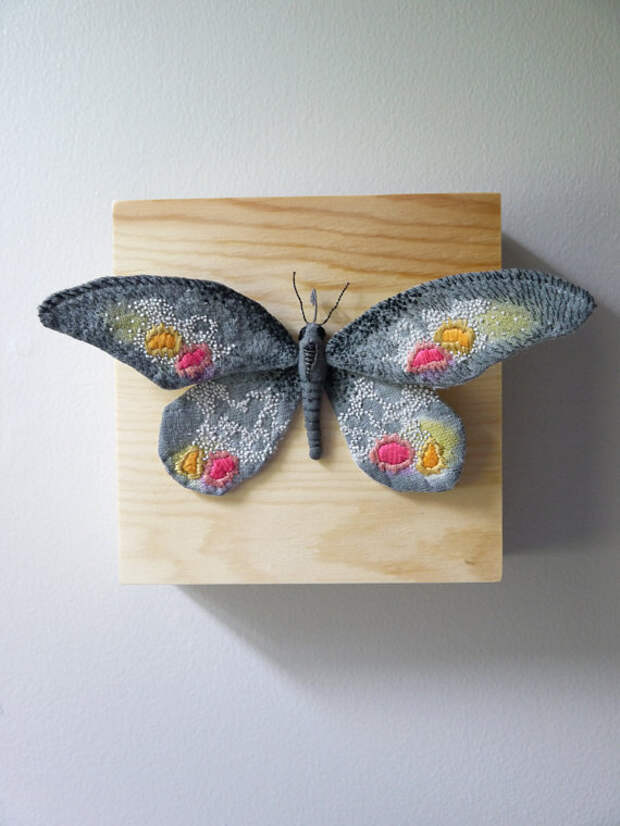 Fabric sculpture -Dark gray butterfly textile art