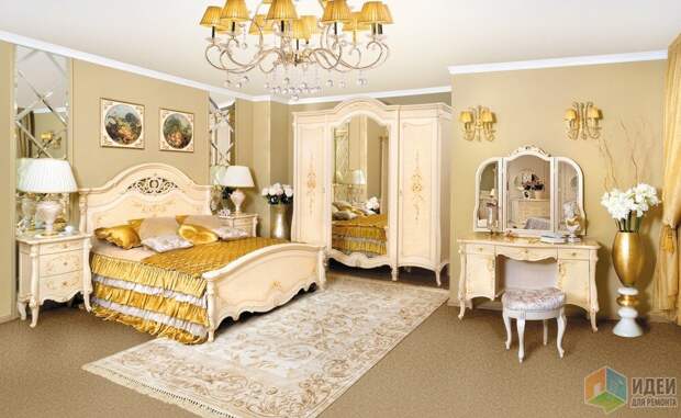 Белая мебель в интерьере, мебель для спальни, бело-золотой интерьер