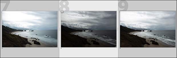 beach scene shown shown with under, normal, and over exposure