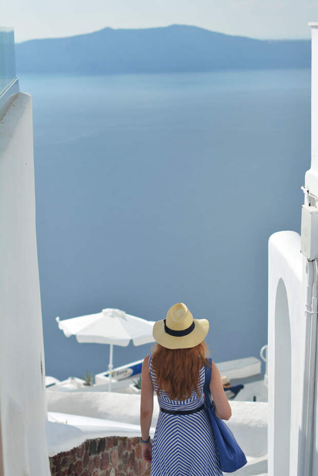 Blue and white striped dress in Santorini | Not Dressed As Lamb