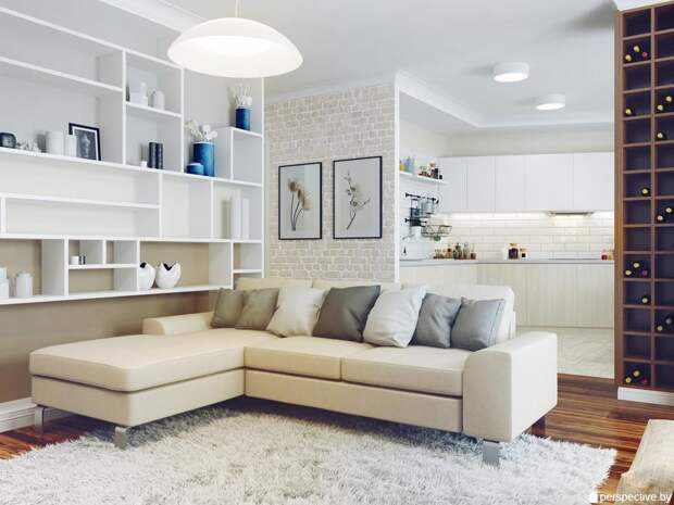 Дизайн интерьера гостиной, светлая гостиная, белый угловой диван