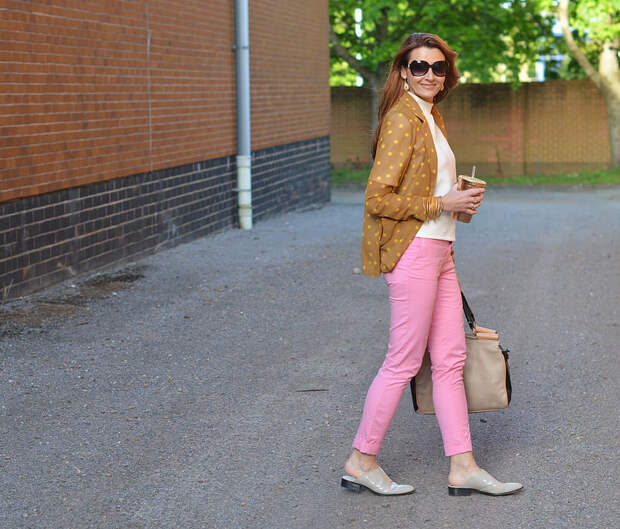 Springtime brights: Mustard polka dot blazer, pink chinos, taupe mules