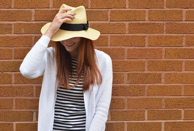 Spring style | Straw fedora, Breton stripes, white ribbed cardigan