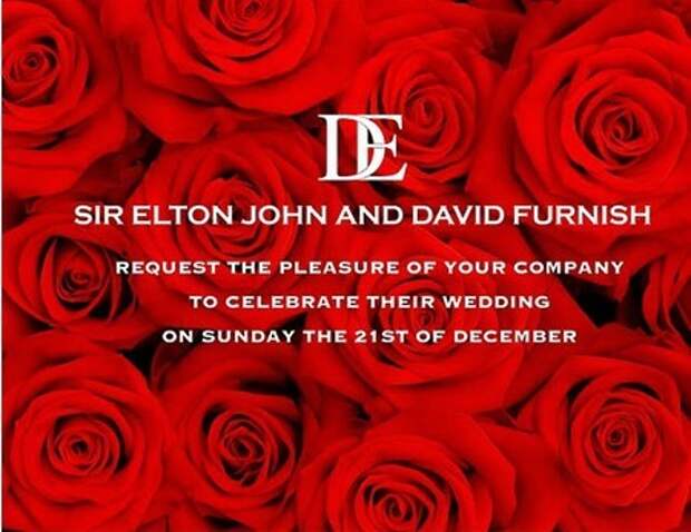 Приглашение на свадьбу Элтона Джона и Дэвида Ферниша