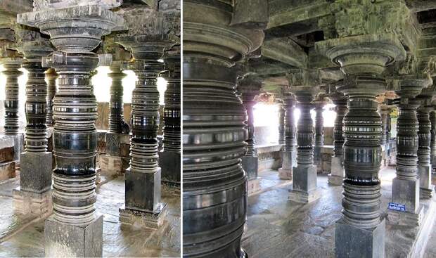 Храм Амрутешвара – один из самых великолепных храмовых комплексов, в котором сохранились отшлифованные до металлического блеска каменные колонны сложной формы (Амрутхапура, Индия). 