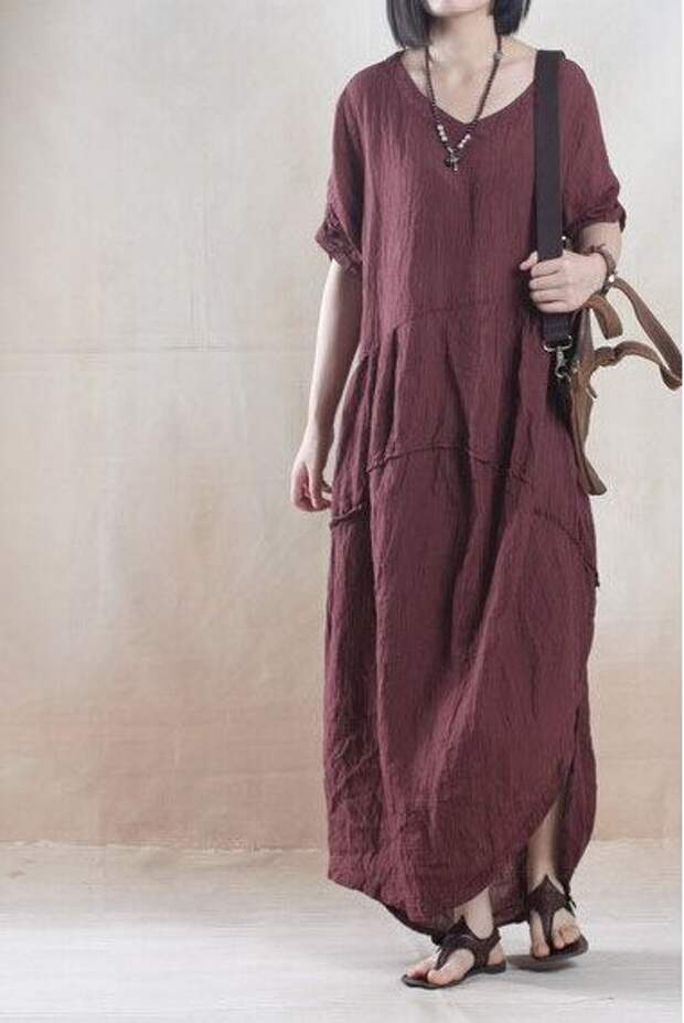 V-neck long-sleeve dress fold dress temperament of pure color linen skirt.    420