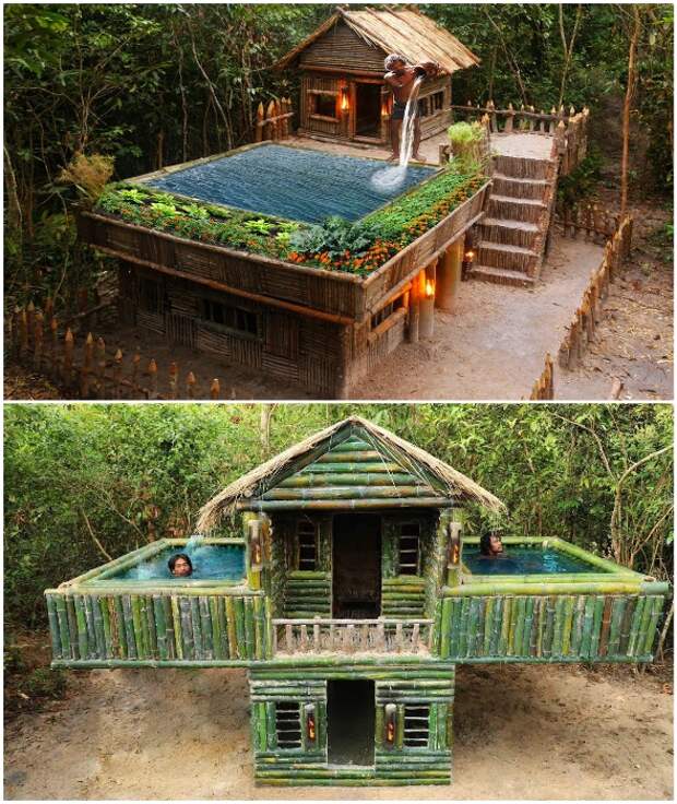 Девушка построила домик и бассейн вокруг, используя лишь примитивный инструмент