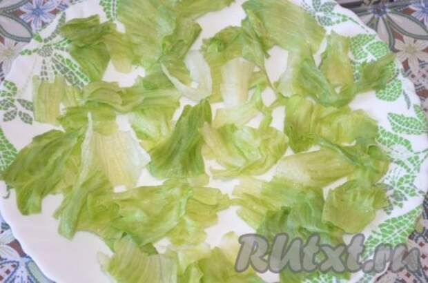 Курицу разобрать на волокна или порезать. Порвать листья салата, выложить на блюдо.