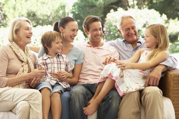 Three Generation Family Sitting On Sofa Together