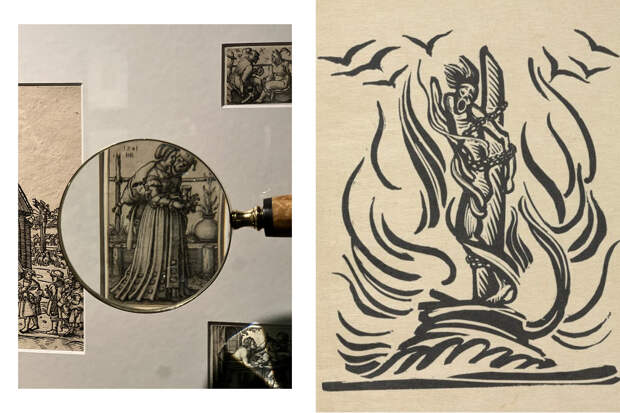Слева: детали экспозиции выставки «Король шутов и дураков» / Алексей Кравченко, иллюстрация к роману Шарля де Костера «Тиль Уленшпигель», гравюра, 1928 год